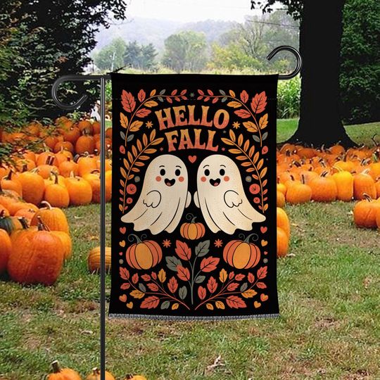 Discover Hello Fall Ghosts with Pumpkins Flag, Halloween Garden Flag, Outdoor Yard Decoration, Autumn Leaves Canvas Flag, Seasonal Porch Gift