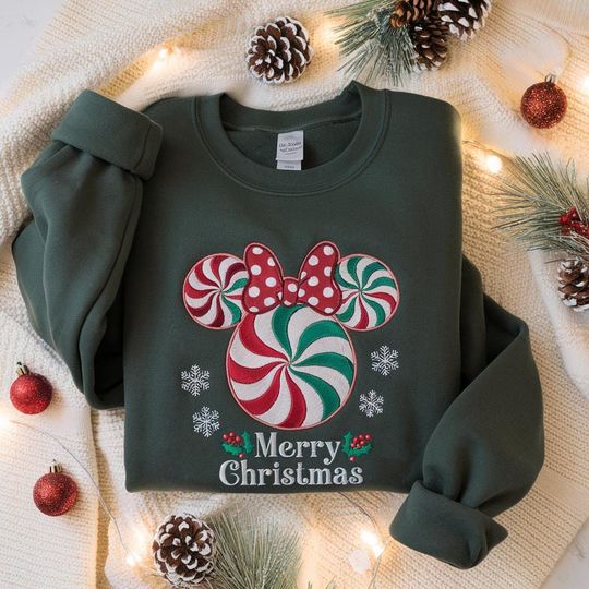 Discover Embroidered Minnie Peppermint Swirl Christmas Sweatshirt, Peppermint Minnie Sweatshirt, Candy Cane Sweatshirt, Merry Christmas Sweatshirt