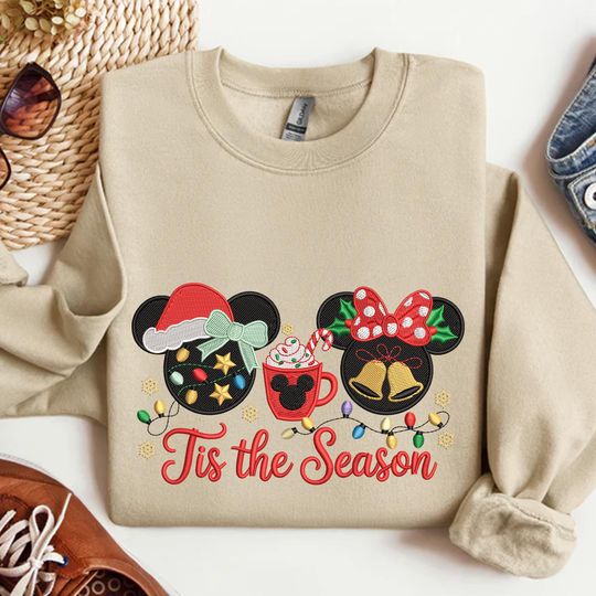 Discover Tis The Season Embroidered Sweatshirt, Christmas Mk Mn Mouse Embroidered Shirt, Christmas WDW Cartoon Shirt, Merry Christmas Hoodie