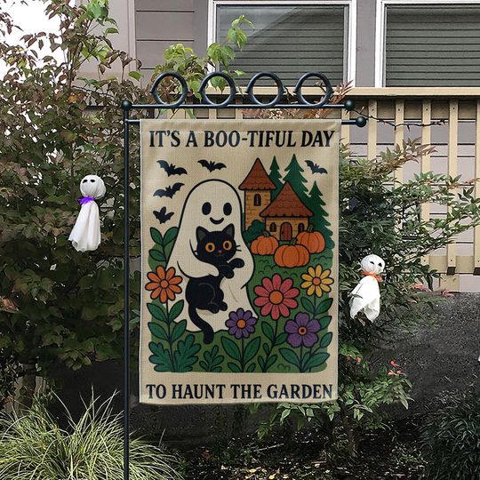 Discover Halloween Garden Flag: Ghost Cat, Pumpkins & Flowers - Outdoor Decor