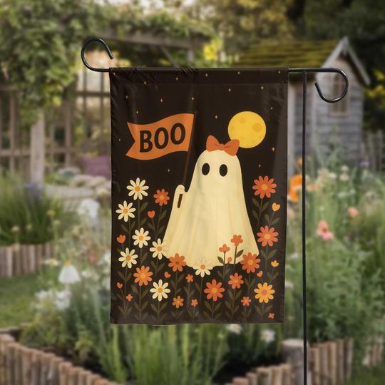 Discover Cute Ghost Garden Flag, Halloween Outdoor Yard Decor, Boo Ghost with Flowers, Spooky Fall Garden Decoration, Double Sided Flag, Fall Decor