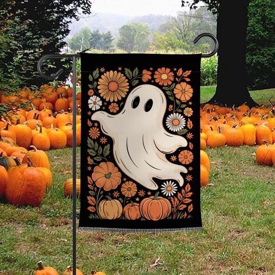 Discover Cute Ghost with Flowers and Pumpkins Flag, Halloween Garden Flag, Outdoor Yard Decoration, Fall Canvas Flag, Seasonal Porch Gift