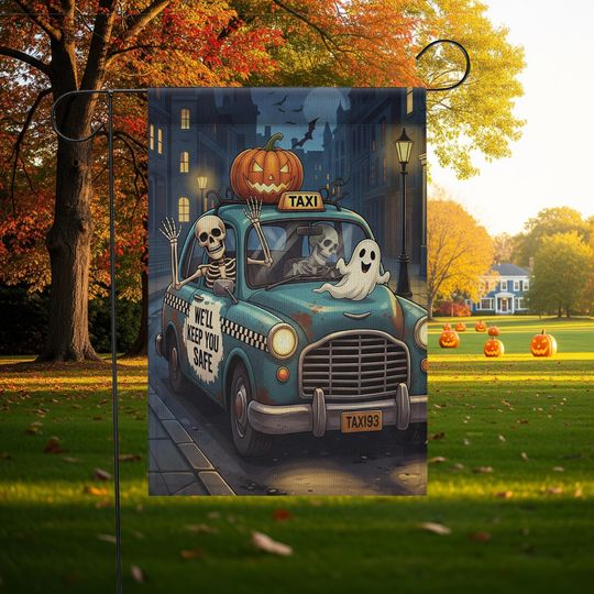 Discover Funny Halloween Garden Flag: Skeleton Taxi, Ghosts & Pumpkin