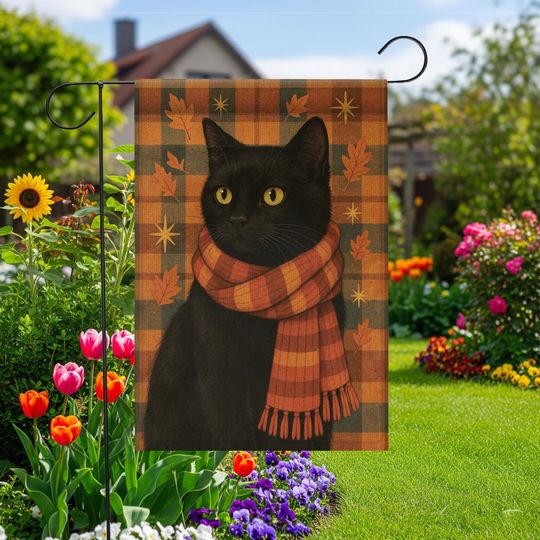 Discover Black Cat Garden Flag: Fall Decor with Scarf