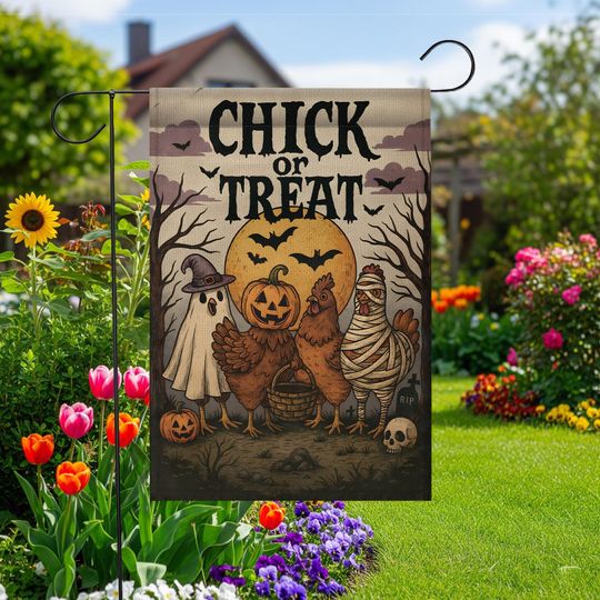 Discover Chick or Treat Halloween Garden Flag | Funny Chicken Trio, Ghost & Pumpkin Decor