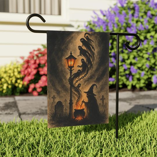 Halloween Garden Flag: Witch Cauldron, Haunted Graveyard Decor
