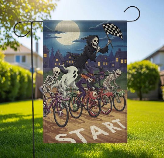 Halloween Garden Flag: Spooky Skeleton, Ghost & Witch Bike Race