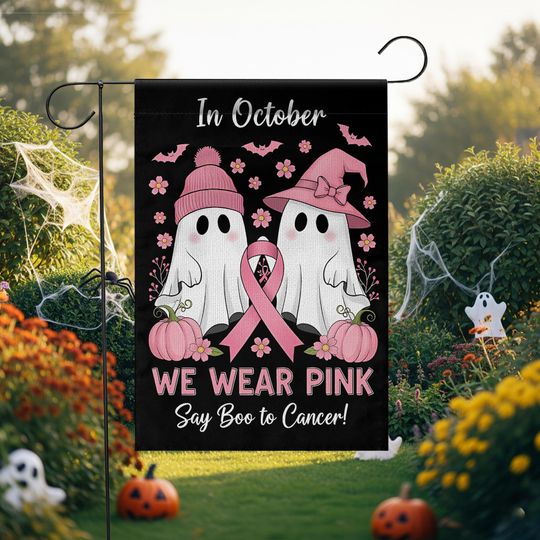 Discover Halloween Garden Flag: Pink Ribbon Ghosts & Pumpkins - Breast Cancer Awareness