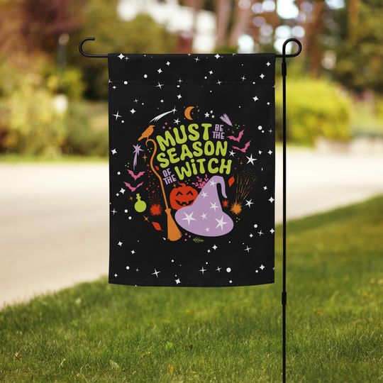Discover Halloween Garden Flag: Witch, Broom, Bats, Pumpkin