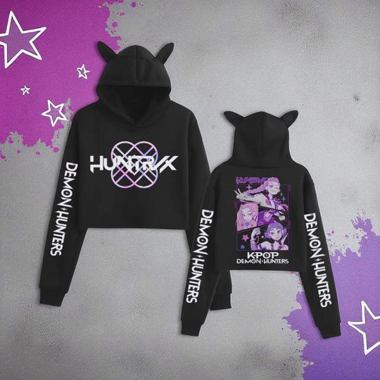 Kpop Demon Hunters Anime Style Women's Crop Top Hoodie with Cat Ears, Long Sleeve Sweatshirt, Fashion Hoodie for Girls