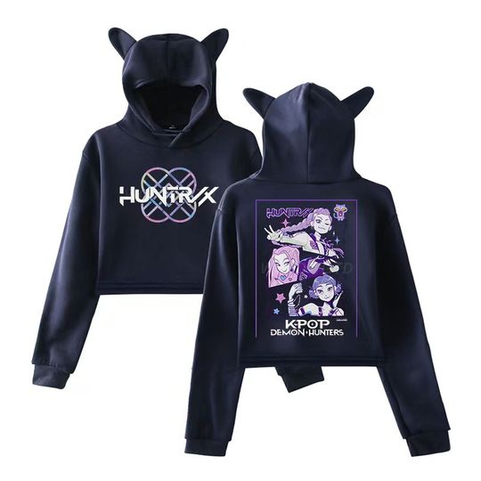 Discover 2025 Kpop Demon Hunters Crop Top Hoodie Women’s Cat Ears Long Sleeve Harajuku Y2K Fashion