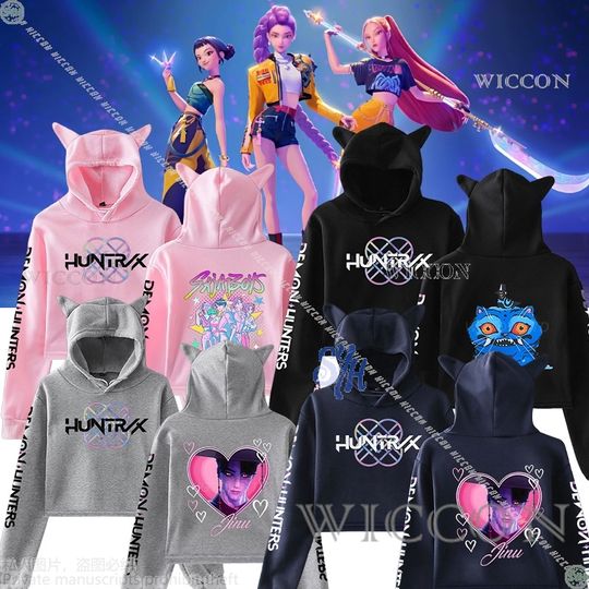 Discover Kpop Demon Huntrix Sajaboys Cat-Eared Cropped Hoodie Women's Activewear Halloween Costume