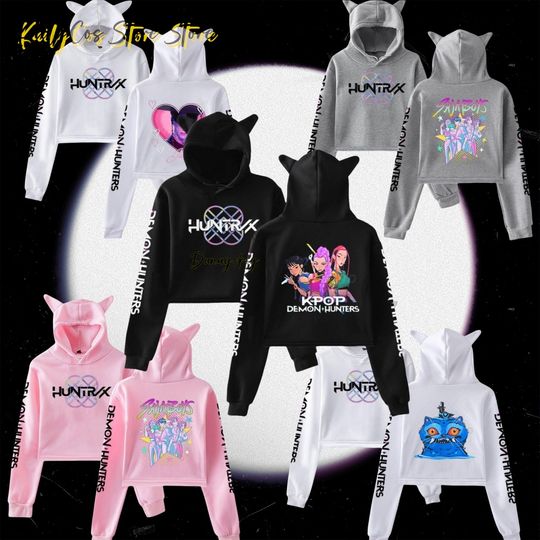 Discover KPop Demon Cosplay Anime Huntrix Sajaboys Costume Fanart Cat-eared Cropped Hoodie Casual Sweatshirt Jirai Kei Girls Halloween