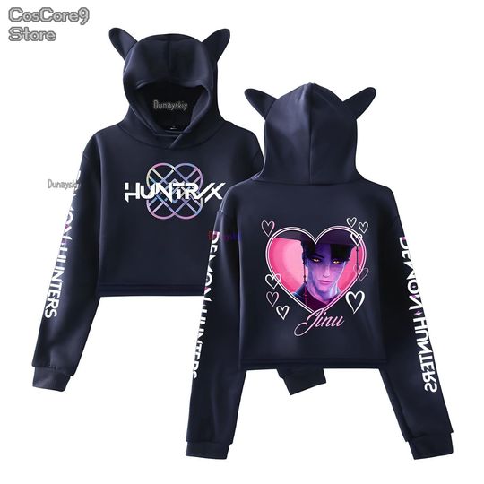 KPop Demon Hunters Hoodie Women's Crop Top Hoodie Cosplay Halloween Cat Ear Sweatshirt