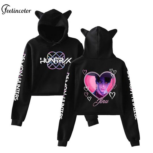 Discover KPop Demon Hunters Cat Ear Crop Hoodie Women’s Autumn Winter Pullover Anime Cosplay Y2K Clothing