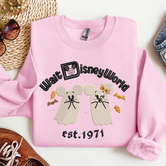 Discover Halloween Cute Mk Mn Ghost Embroidered Sweatshirt, WDW Cartoon Embroidered Shirt, Cartoon Character Hoodie, Spooky Season Gift