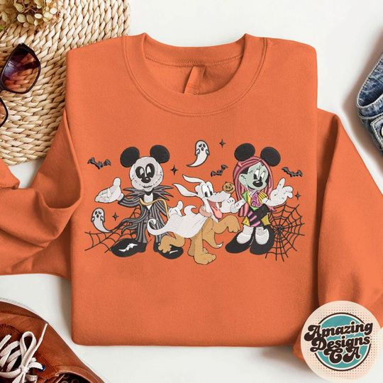 Discover EMBROIDERED Mickey Minnie Jack Skellington Sally Halloween sweatshirt Tshirt, The Nightmare Before Christmas Disneyland WDW embroidery shirt