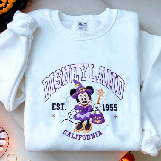 Discover Minnie Witch Embroidered Sweatshirt, Disneyland Halloween Sweatshirt, Disney Spooky Season Crewneck, Retro Disney Top