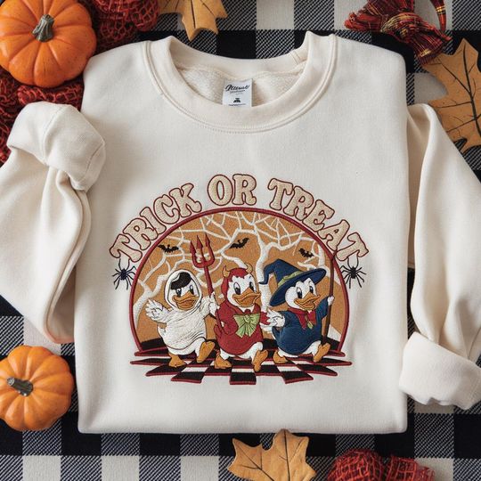 Embroidered Sweatshirt Retro Huey Dewey Louie Halloween Trick Or Treat, Ducktales Disneyland Halloween Party, Spooky Season Disney Tee