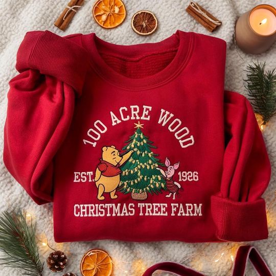 Discover EMBROIDERED Winnie the Pooh Christmas Sweatshirt, Pooh Bear and Piglet Xmas Sweater, 100 Acre Wood Christmas Tree Farm, Disney Holiday Shirt