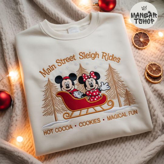 Discover Embroidered Mickey Minnie Sleigh Ride T-shirt Sweatshirt Hoodie, Disney Main Street Xmas Shirt, Disney Family Sweatshirt