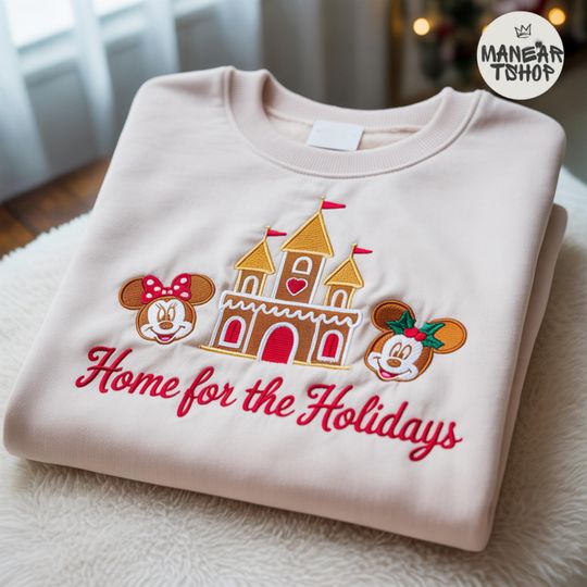 Discover Embroidered Home For The Holidays Mickey & Minnie Gingerbread Christmas T-shirt Sweatshirt Hoodie, Disney Christmas Sweatshirt