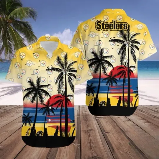 Discover Pittsburgh Steeler Sunset Beach Hawaiian Shirt Summer Aloha S-5XL