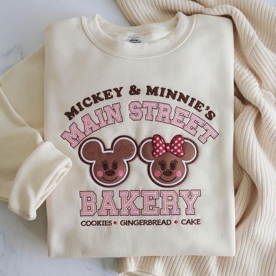 Discover Embroidered Mickey & Minnie Main Street Bakery Sweatshirt, Gingerbread Christmas Shirt, Gingerbread Sweater, Disney Christmas Cookies Shirt