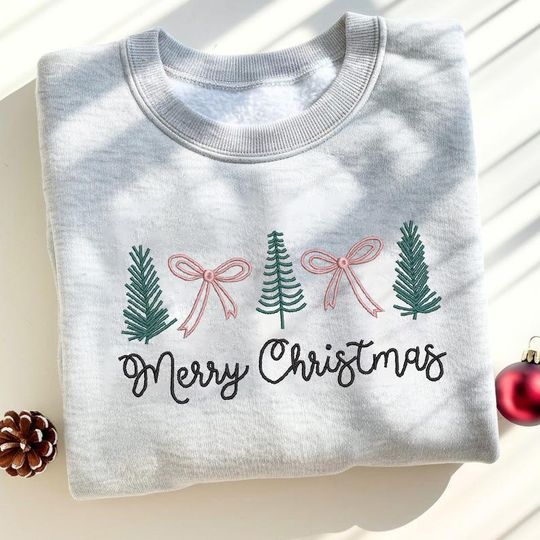 Discover Merry Christmas Embroidered Sweatshirt, Christmas Coquette Crewneck, Embroidered Xmas Tree Sweater, Custom Xmas Gift