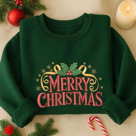 Discover Merry Christmas Embroidered Sweatshirt, Christmas Jingle Bell Embroidered Shirt, Merry And Bright Shirt, Winter Holiday Hoodie