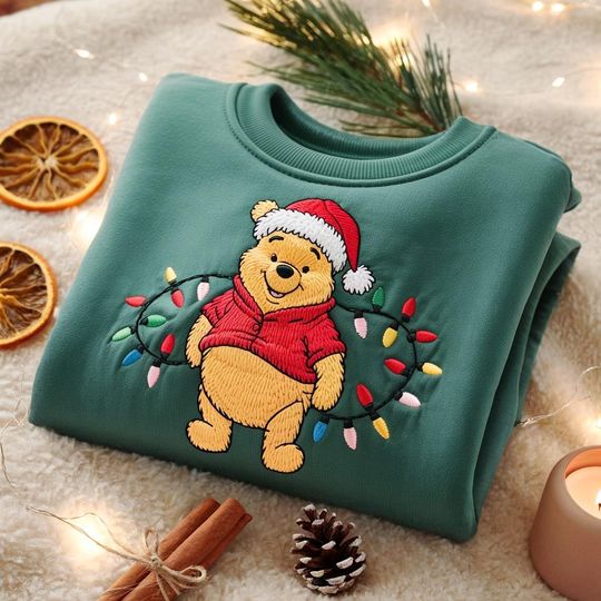 Discover EMBROIDERED Pooh Bear Christmas Sweatshirt, Winnie The Pooh Christmas Lights Shirt, Pooh Bear Holiday Shirt, Disney Xmas Sweater, Merry Xmas