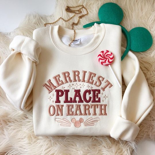 Embroidered Merriest Place On Earth Sweatshirt Christmas Sweatshirt Happiest Place Matching Mouse Ears Shirt Xmas Family Trip Shirt Colorful