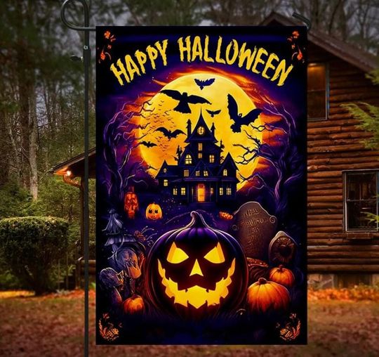 Halloween Garden Flag: Spooky Pumpkin, Dachshund Skeleton, Double-Sided