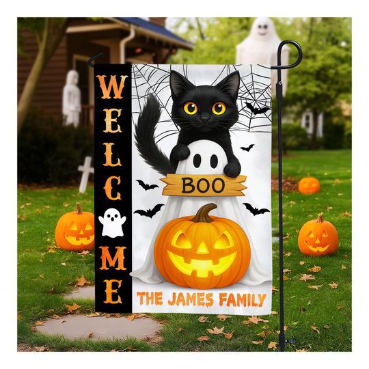 Discover Personalized Black Cat Halloween Garden Flag For Outside - Black Cat Garden Flag - Halloween Garden Flags 12x18 Double Sided
