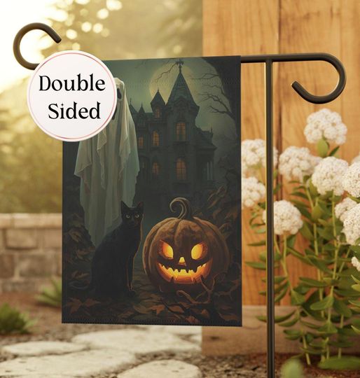 Discover Spooky Halloween Garden Flag: Ghost, Cat & Pumpkin - Double-Sided