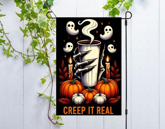 Discover Skeleton Coffee Halloween Garden Flag PNG Sublimation Design, Creepy Yard Flag Decor, Pumpkin Spice, Spooky Season png, Digital Only