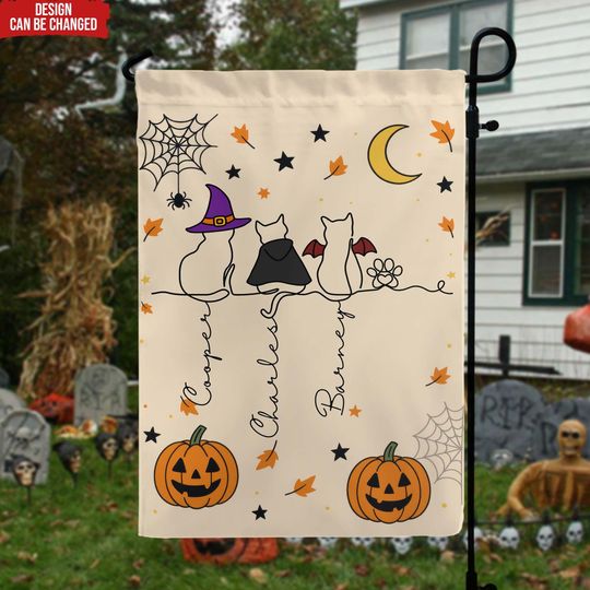 Discover Halloween Cat Line Art - Personalized Cat Halloween Garden Flag with Names, Halloween Decor, Housewarming Gift, Yard Sign, Cat Lover Gift