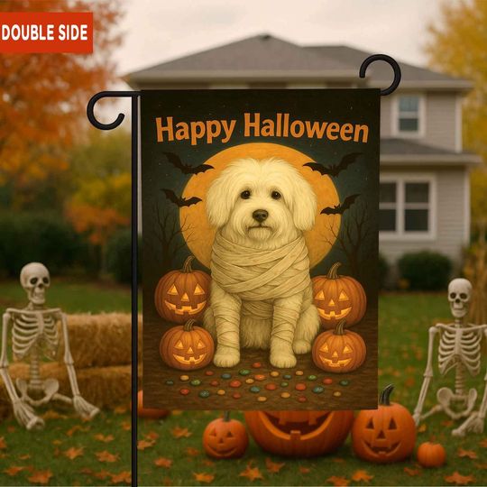 Coton de Tulear Happy Halloween Garden Flag, dog Yard art sign, Dog Ghost Banner, Happy Halloween sign Decor, Pumpkin Bat, gift-for gardener