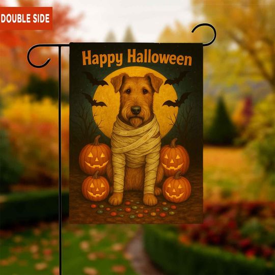 Discover Airedale Terrier Happy Halloween Garden Flag, dog Yard art sign, Dog Ghost Banner, Halloween sign Decor, Pumpkin Bat, gift-for gardeners