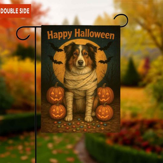 Australian shepherd Happy Halloween Garden Flag, dog Yard art sign, Dog Ghost Banner, Halloween sign Decor, Pumpkin Bat, gift-for gardeners