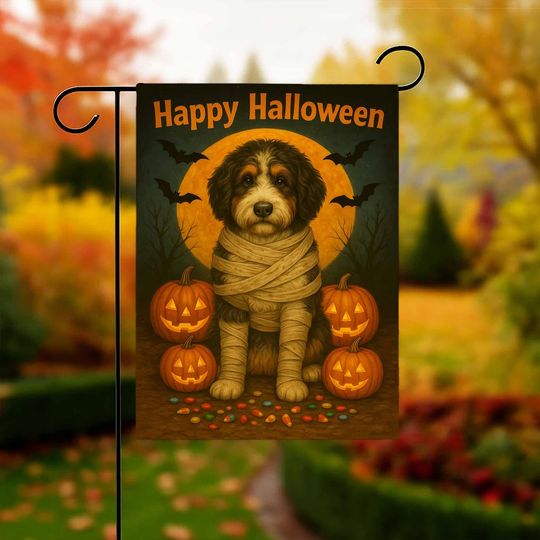 Bernedoodle Happy Halloween Garden Flag, dog Yard art sign, Dog Ghost Banner, Happy Halloween sign Decor, Pumpkin Bat, gift-for gardeners