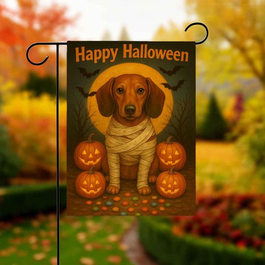 Dachshund Happy Halloween Garden Flag, dog Yard art sign, Dog Witch Ghost Banner, Happy Halloween sign Decor, Pumpkin Bat, gift-for gardener