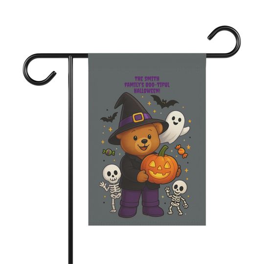 Personalized Halloween Garden Flag With Cute Bear Witch Pumpkin Ghost Skeletons  Custom Family Name Yard Decor For Fall Holiday