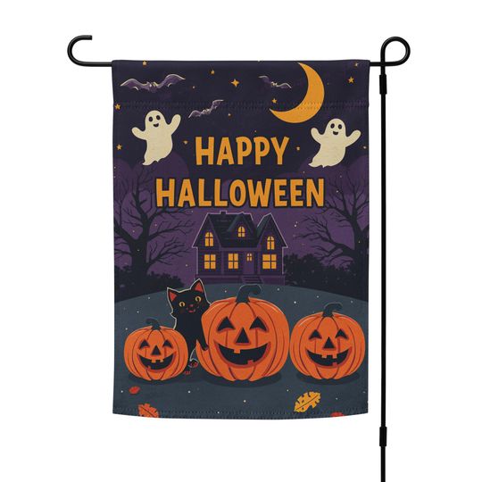 Halloween Garden Flag: Ghosts, Cat, Pumpkins - 12x17 Fall Decor