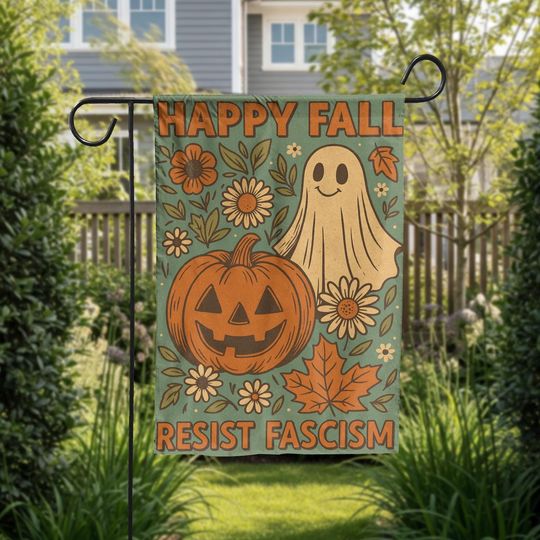 Discover Happy Fall Garden Flag Resist Fascism Ghost Pumpkin Autumn Outdoor Yard Sign Halloween Political Protest Decorative Banner, Spooky Decor