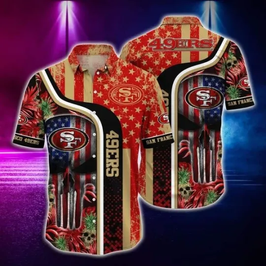 San Francisco Football Hawaiian Shirt Skull US Flag, football Hawaiian Shirt, Gift for Fan