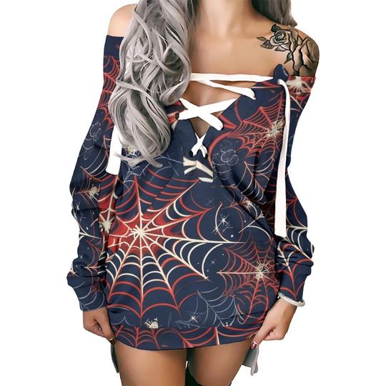 Women's Lace-Up Off Shoulder Long Sleeve Sweatshirt Dress with Red Spiderweb Print