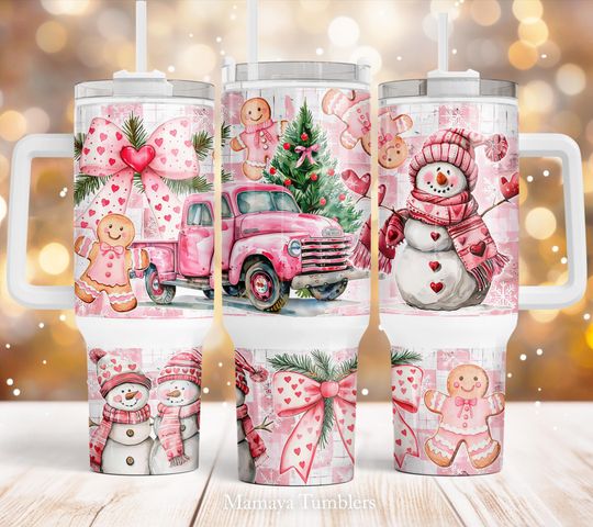 Discover Pink Christmas 40oz Quencher tumbler, Snowman Pick up truck Gingerbread Bow Coquette