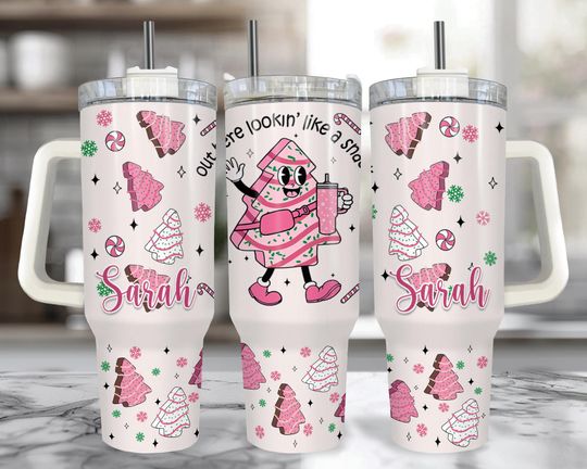 Discover Pink Christmas Tree Cake 40 oz Tumbler With Handle, Christmas Coffee Cup With Straw, Out Here Looking Like A Snack Holiday Coffee Mug