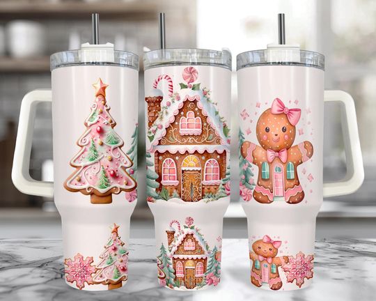 Discover Pink Gingerbread Christmas 40 oz Tumbler With Handle: Pink Christmas Cup with Straw, Winter Gingerbread Christmas Mug